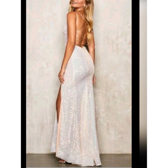 Sherri Hill Sequin Gown Gold Formal Prom Evening Dress Open Back Slit Size 8 - Picture 6 of 7